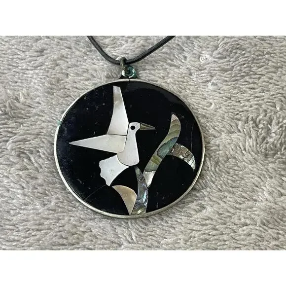 VTG Alpaka Mexico Inlaid Bird Pendant Mother of Pearl Abalone Leather Necklace!! - Picture 2 of 8